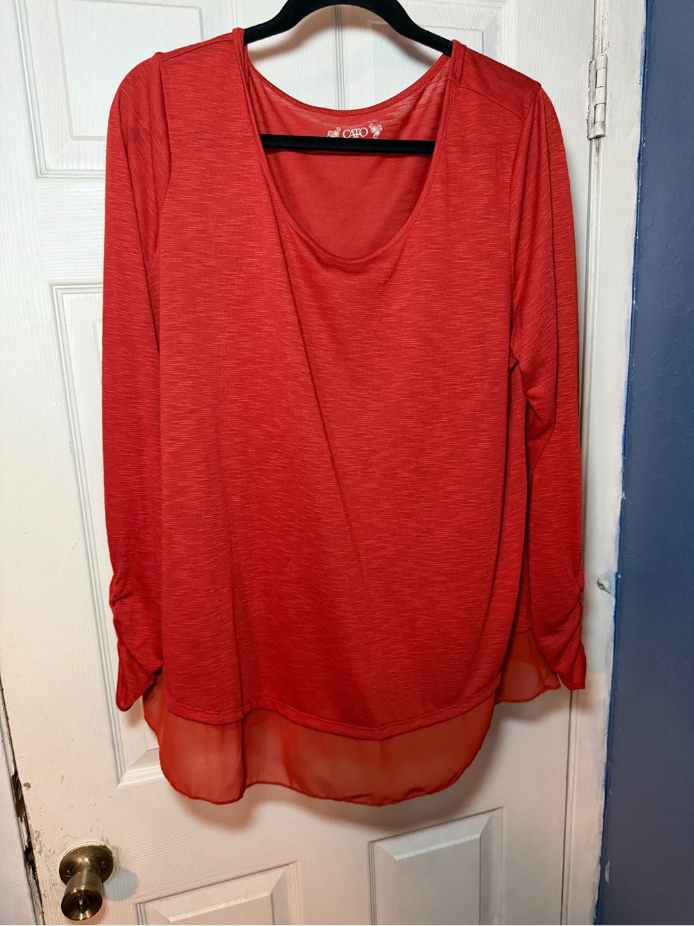 Cato Red Long-Sleeve Scoop Neck Top with Sheer Layered Hem